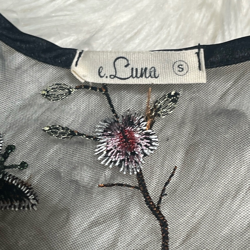 Black Sheer Embroidered Tulle Mesh Long Duster Floral Open Front Topper Vest - Picture 12 of 13